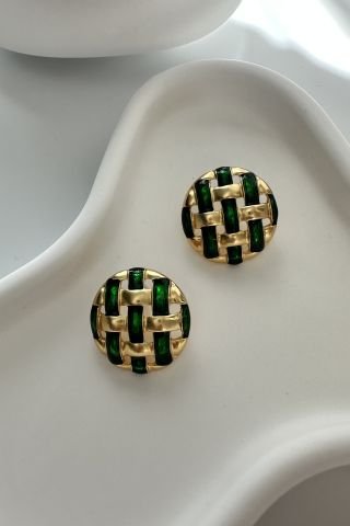 Yeşil Şerit Detaylı Gold Küpe