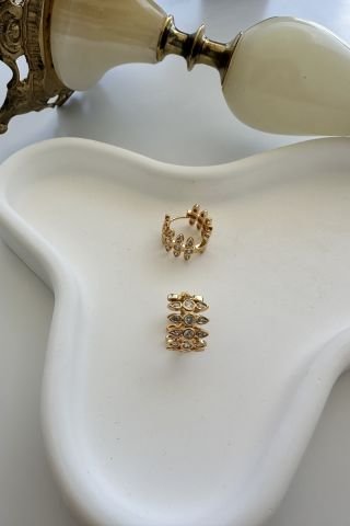 Taşlı Tırtılı Gold Küpe