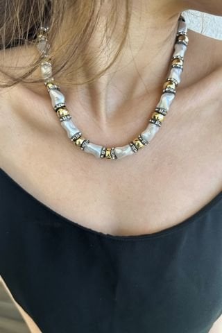 İncili Goldlu Asimetrik Sıralı Kolye
