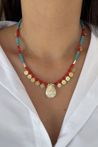 Mavi-Kırmızı Gold Detaylı Boncuk Kolye