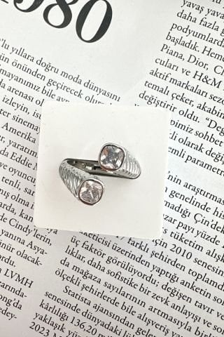 Ayarlanabilir Gümüş Rengi İki Ucu Taşlı Yüzük