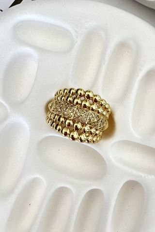 Gold Ayarlanabilir Taşlı Etrafı Topçuklu Yüzük